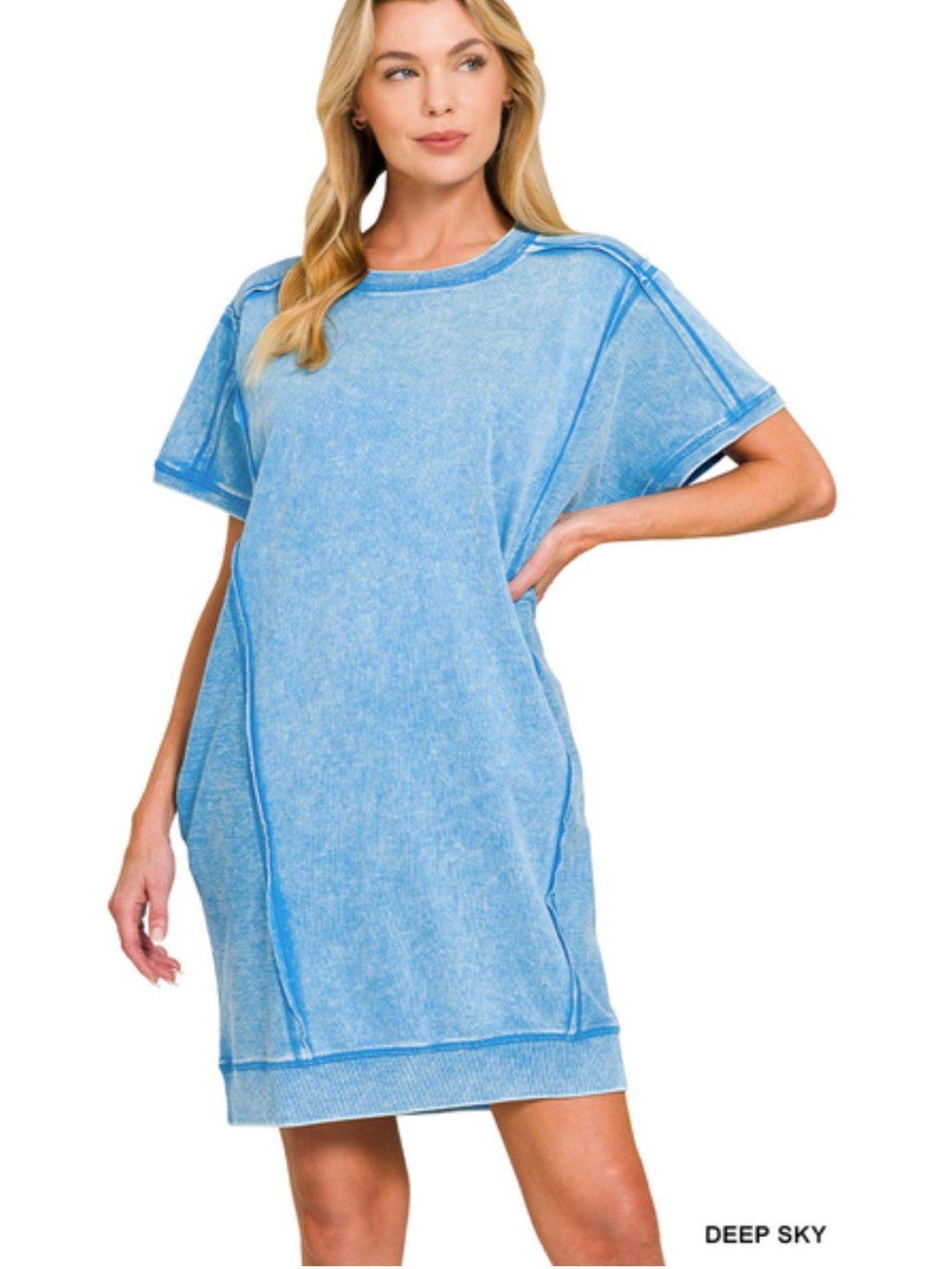 113 deep sky French terry ACID WASH SHORT SLEEVE DRESS WITH POCKETS